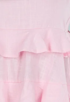 Roze Mini Jurk met Ruches en Linnenlook en Strikkoorden