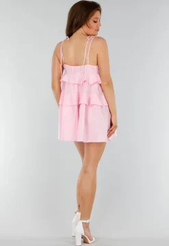 Roze Mini Jurk met Ruches en Linnenlook en Strikkoorden