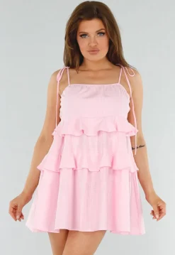 Roze Mini Jurk met Ruches en Linnenlook en Strikkoorden