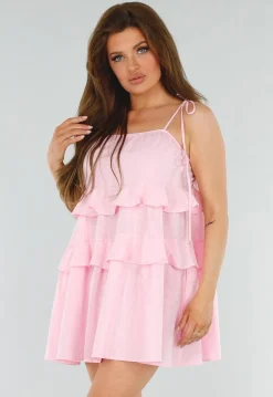 Roze Mini Jurk met Ruches en Linnenlook en Strikkoorden
