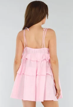 Roze Mini Jurk met Ruches en Linnenlook en Strikkoorden