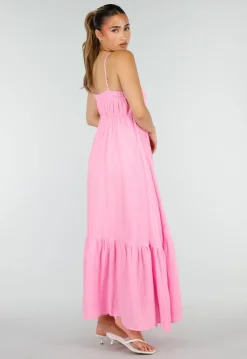 Roze Mousseline Maxi Jurk met Spaghettibandjes en Smokdetail