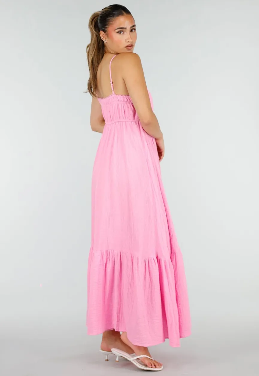 Roze Mousseline Maxi Jurk met Spaghettibandjes en Smokdetail