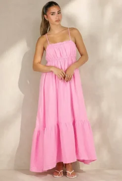 Roze Mousseline Maxi Jurk met Spaghettibandjes en Smokdetail