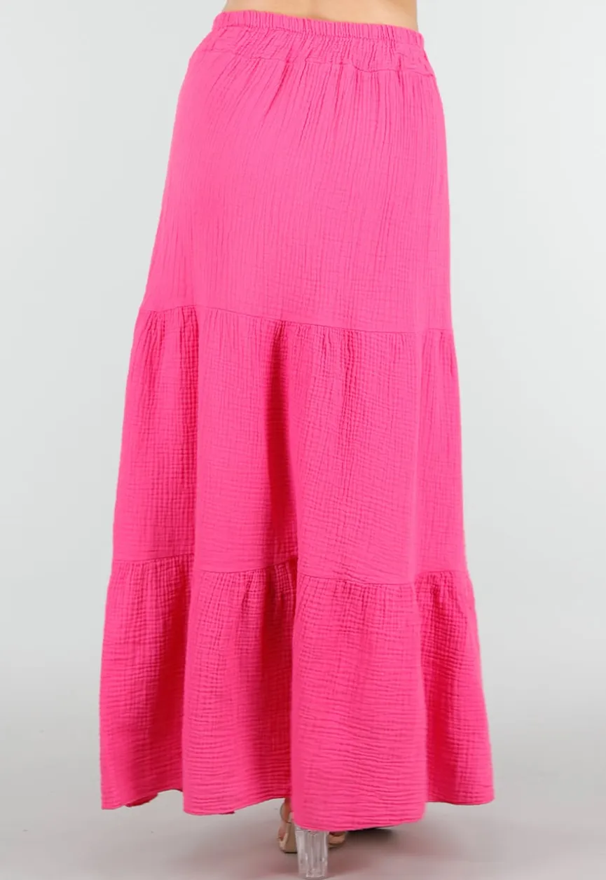 Roze Mousseline Maxi Rok met Elastische Taille