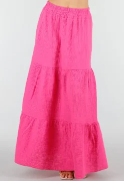 Roze Mousseline Maxi Rok met Elastische Taille