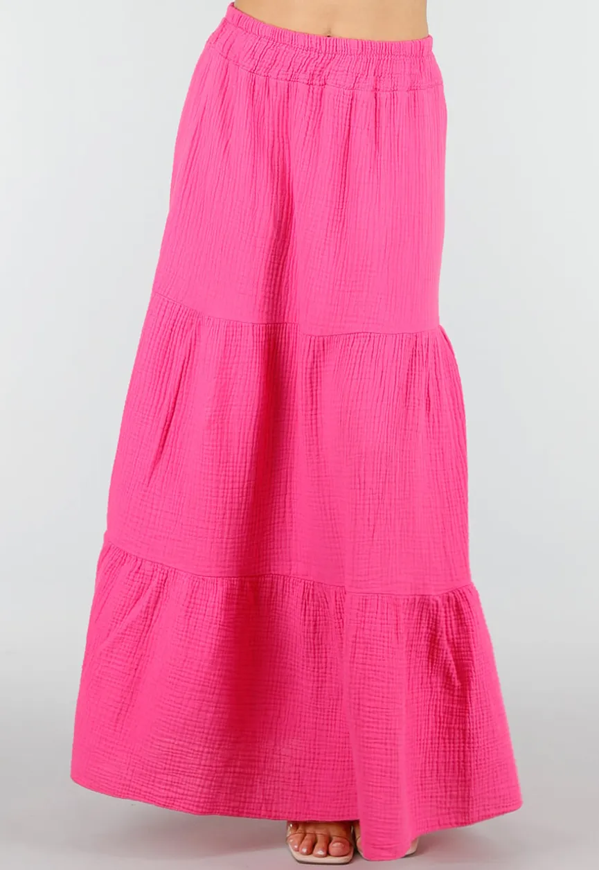 Roze Mousseline Maxi Rok met Elastische Taille