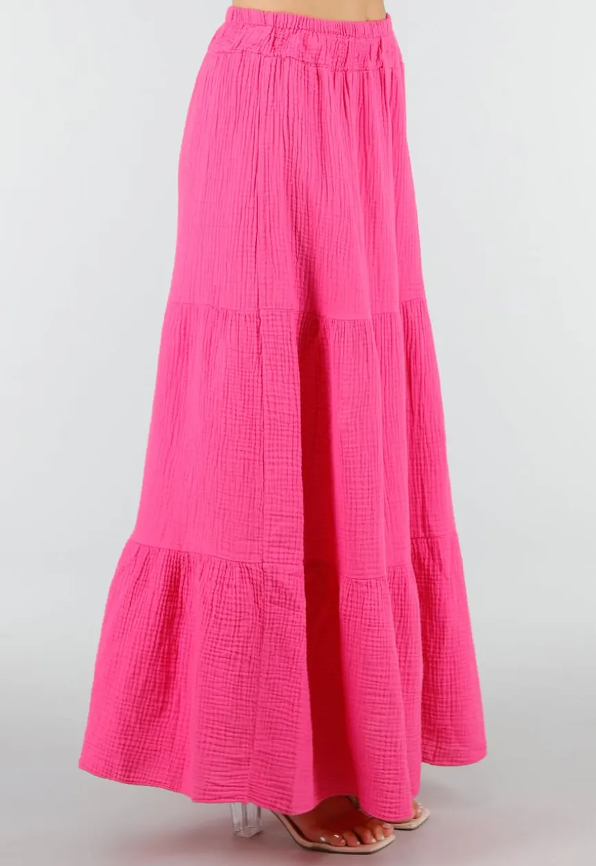 Roze Mousseline Maxi Rok met Elastische Taille