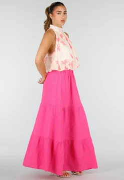 Roze Mousseline Maxi Rok met Elastische Taille