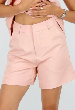 Roze Mouwloze Blazer Set met Ceintuur en Shorts