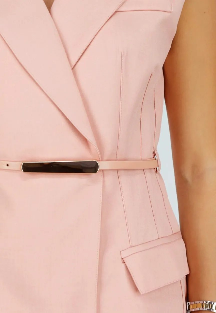 Roze Mouwloze Blazer Set met Ceintuur en Shorts