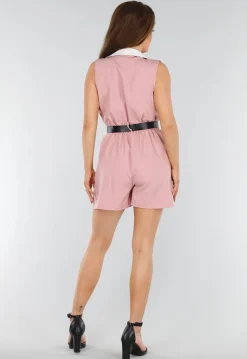 Roze Mouwloze Playsuit met Colorblock Revers en Riem