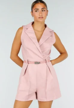 Roze Mouwloze Playsuit met Revers, Riem, Rits en Stretch