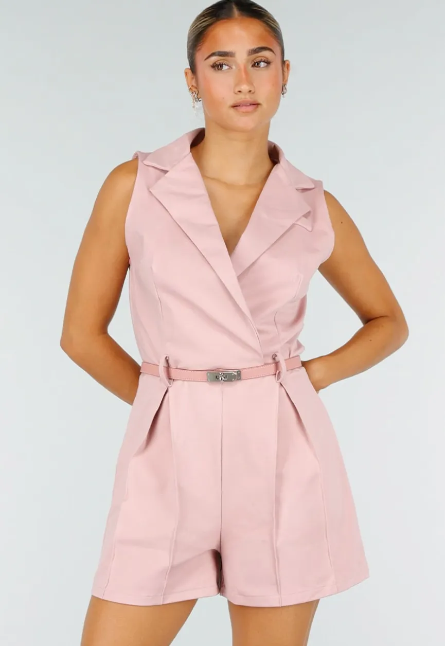Roze Mouwloze Playsuit met Revers, Riem, Rits en Stretch