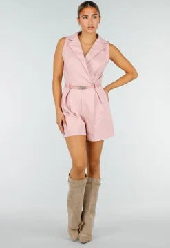Roze Mouwloze Playsuit met Revers, Riem, Rits en Stretch