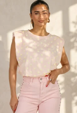 Roze Mouwloze Top met Gele Stippen en Schoudervulling