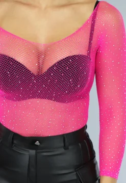 Roze Off Shoulder Bodysuit met Glitter Steentjes