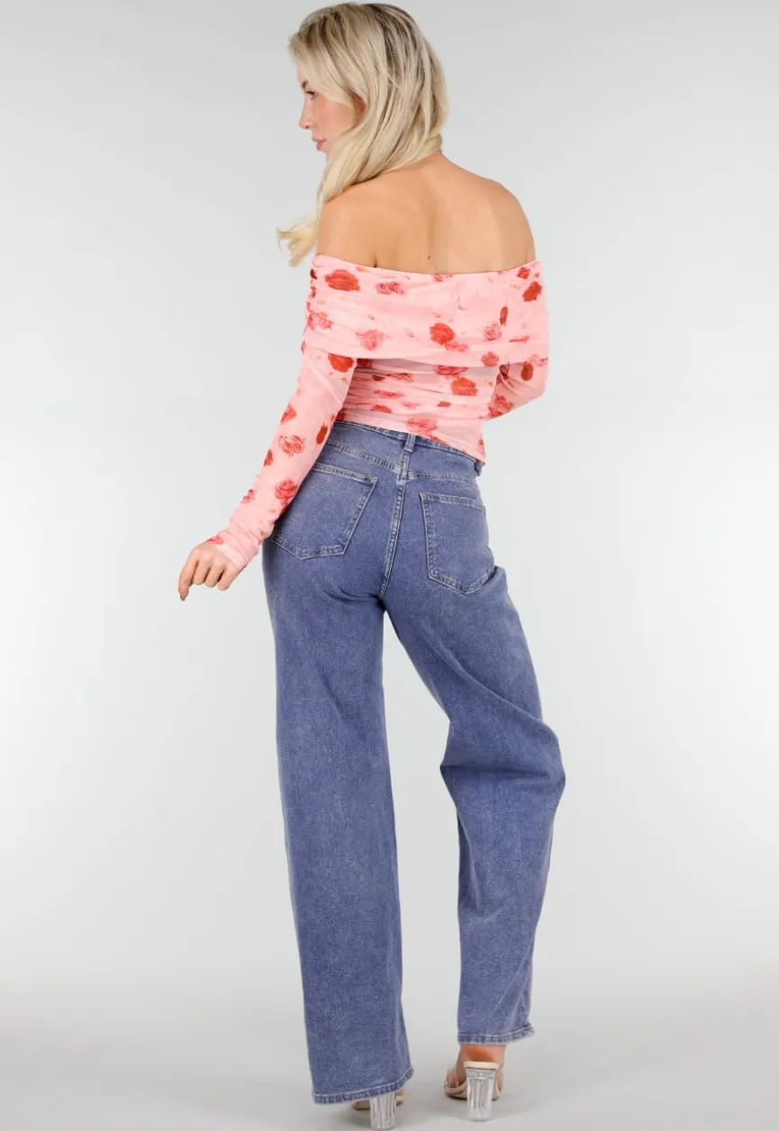 Roze Off Shoulder Mesh Top met Bloemenprint