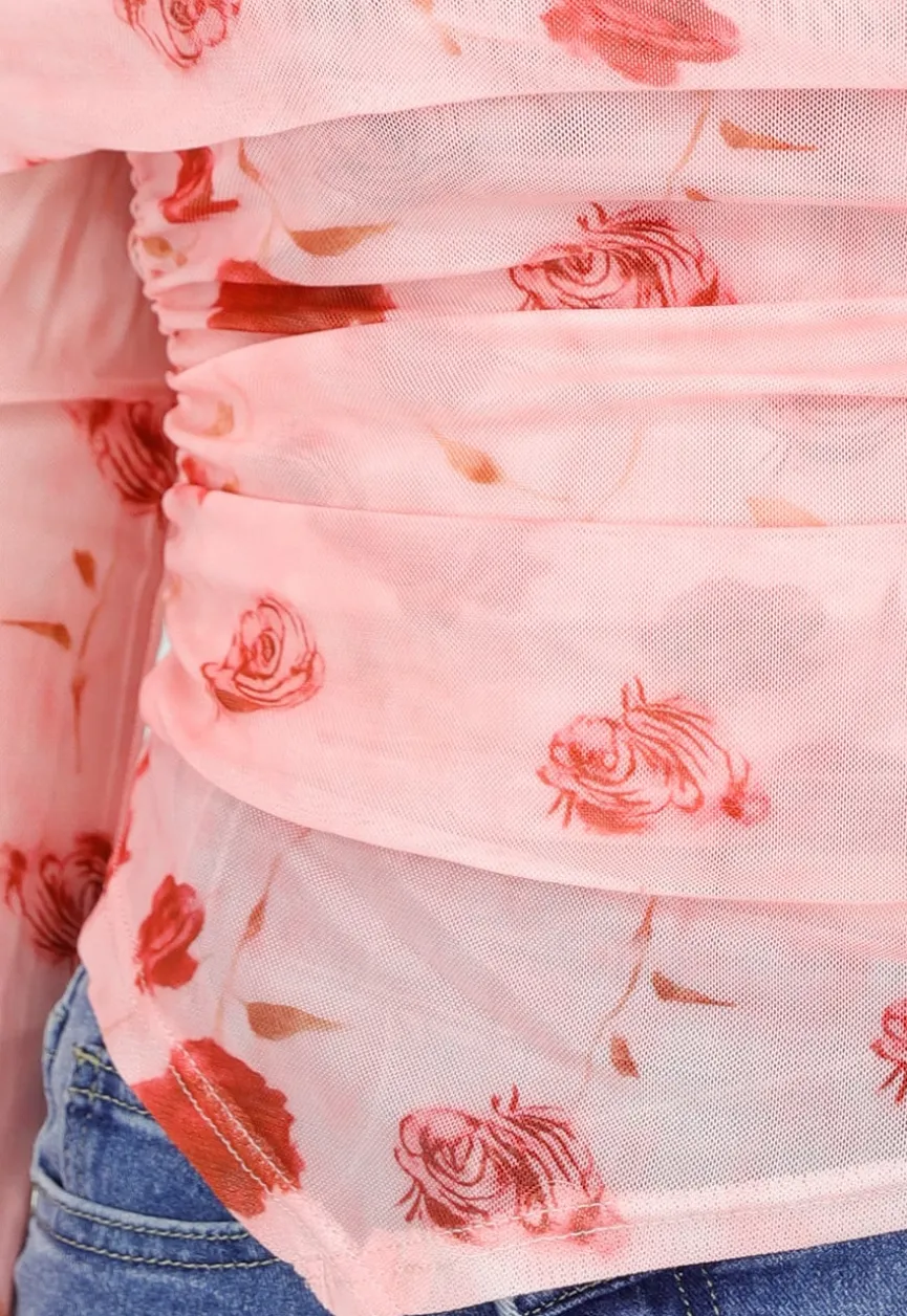 Roze Off Shoulder Mesh Top met Bloemenprint