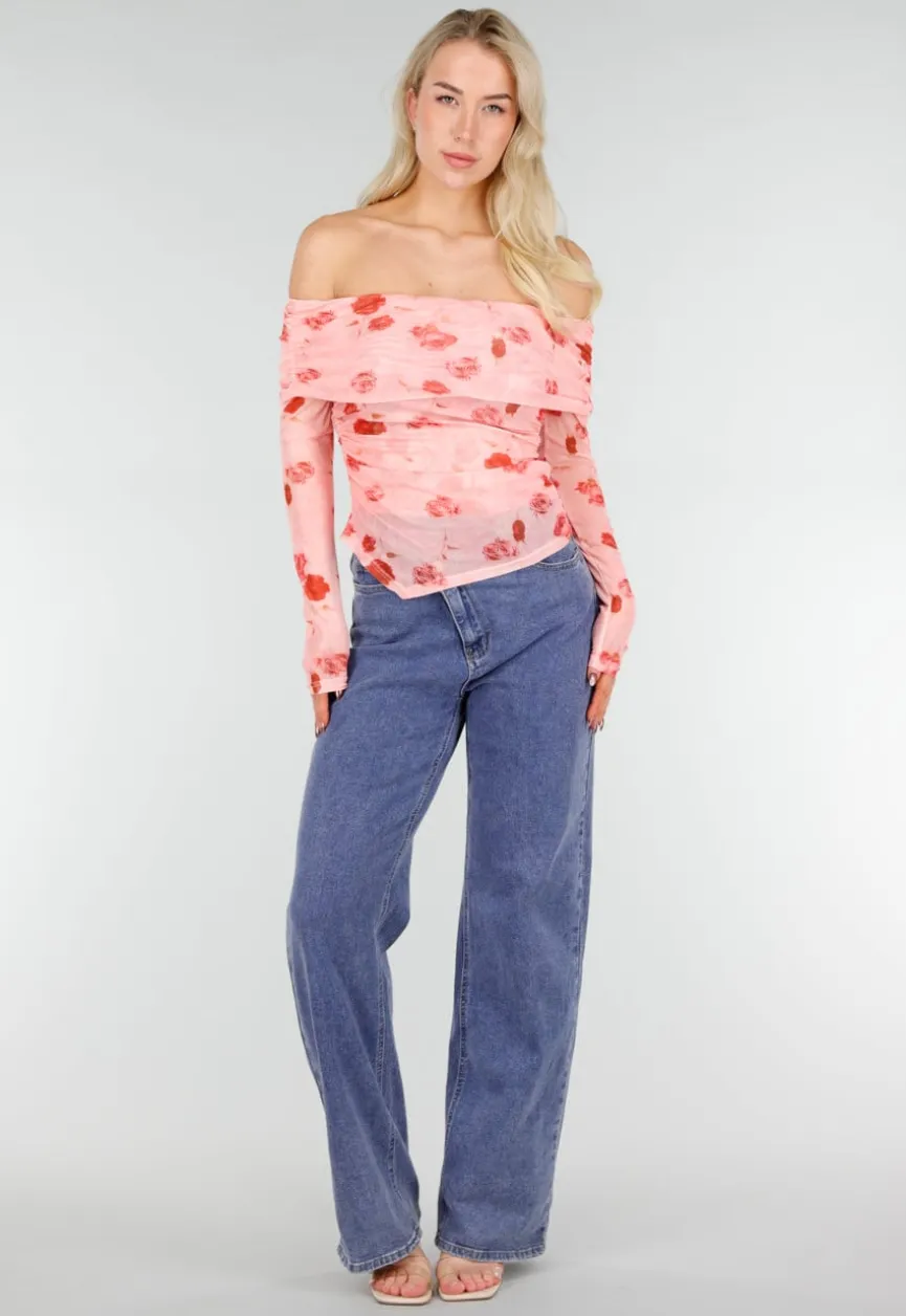 Roze Off Shoulder Mesh Top met Bloemenprint