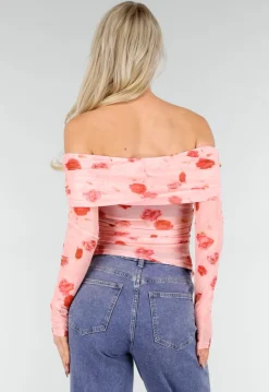 Roze Off Shoulder Mesh Top met Bloemenprint
