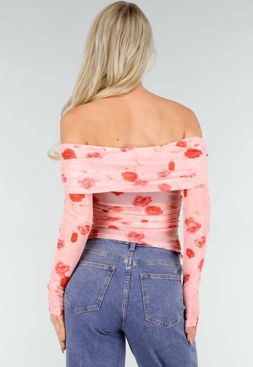 Roze Off Shoulder Mesh Top met Bloemenprint
