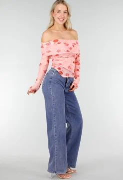 Roze Off Shoulder Mesh Top met Bloemenprint