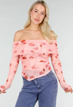 Roze Off Shoulder Mesh Top met Bloemenprint
