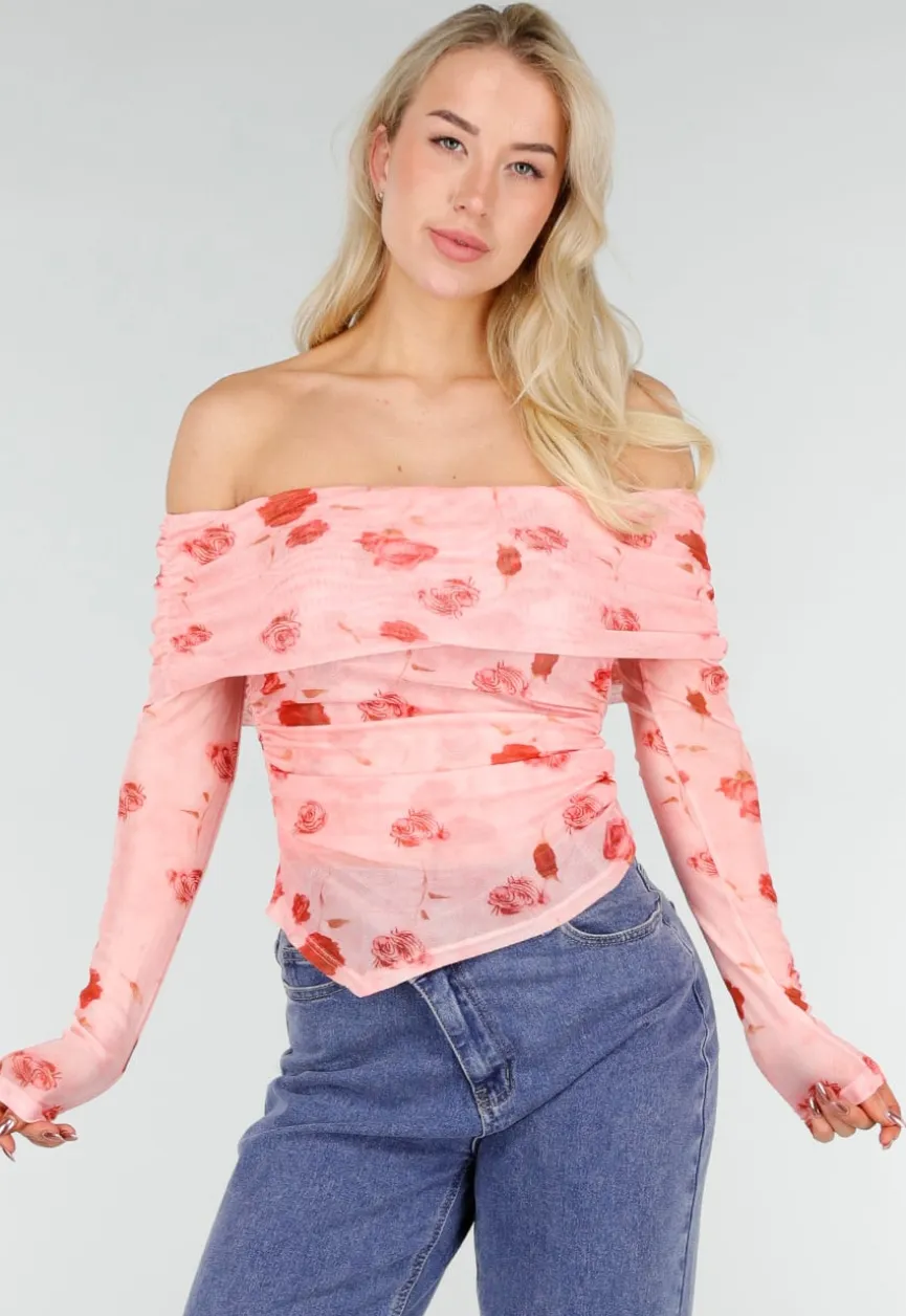 Roze Off Shoulder Mesh Top met Bloemenprint