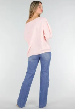 Roze One Shoulder Trui met Wijde Mouwen in Zachte Stof