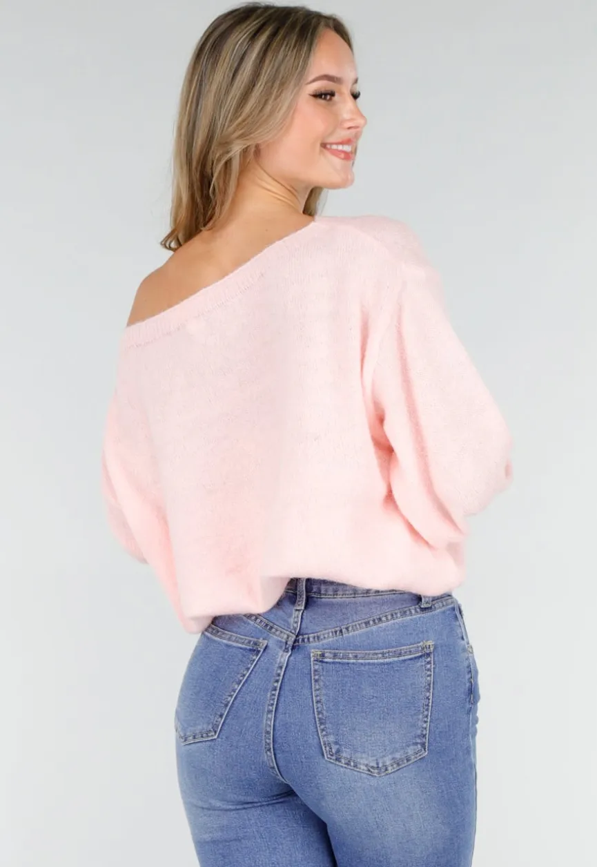 Roze One Shoulder Trui met Wijde Mouwen in Zachte Stof
