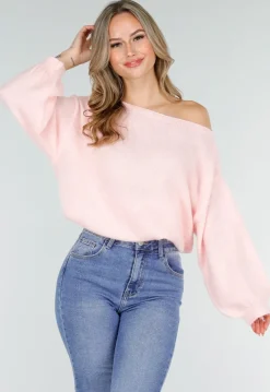 Roze One Shoulder Trui met Wijde Mouwen in Zachte Stof