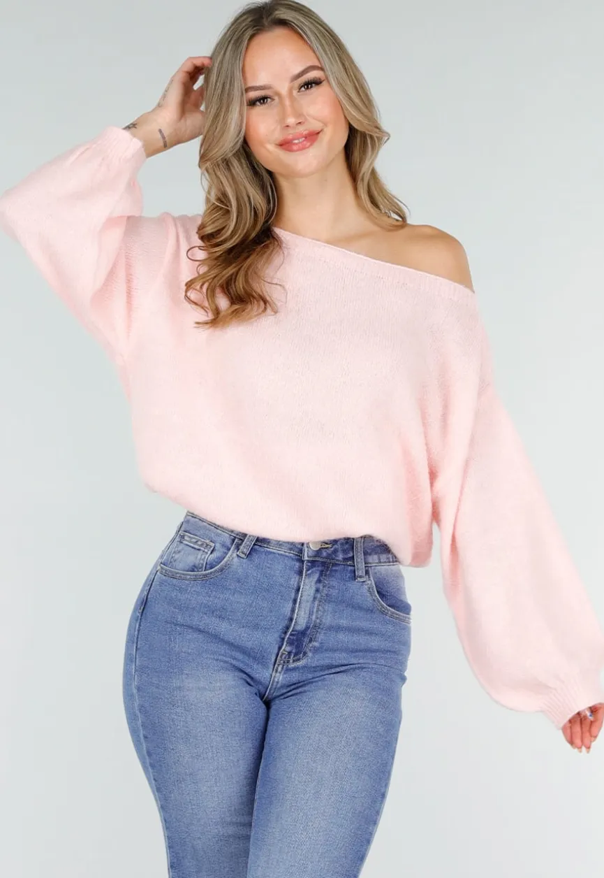 Roze One Shoulder Trui met Wijde Mouwen in Zachte Stof