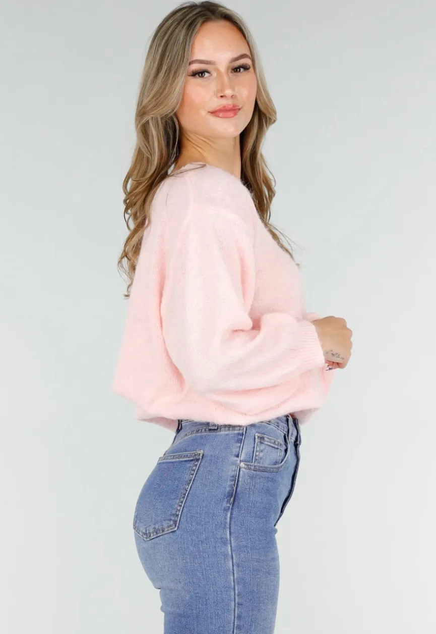 Roze One Shoulder Trui met Wijde Mouwen in Zachte Stof