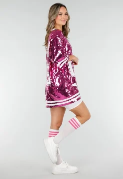 Roze Oversized Pailletten Jersey Top met V Hals
