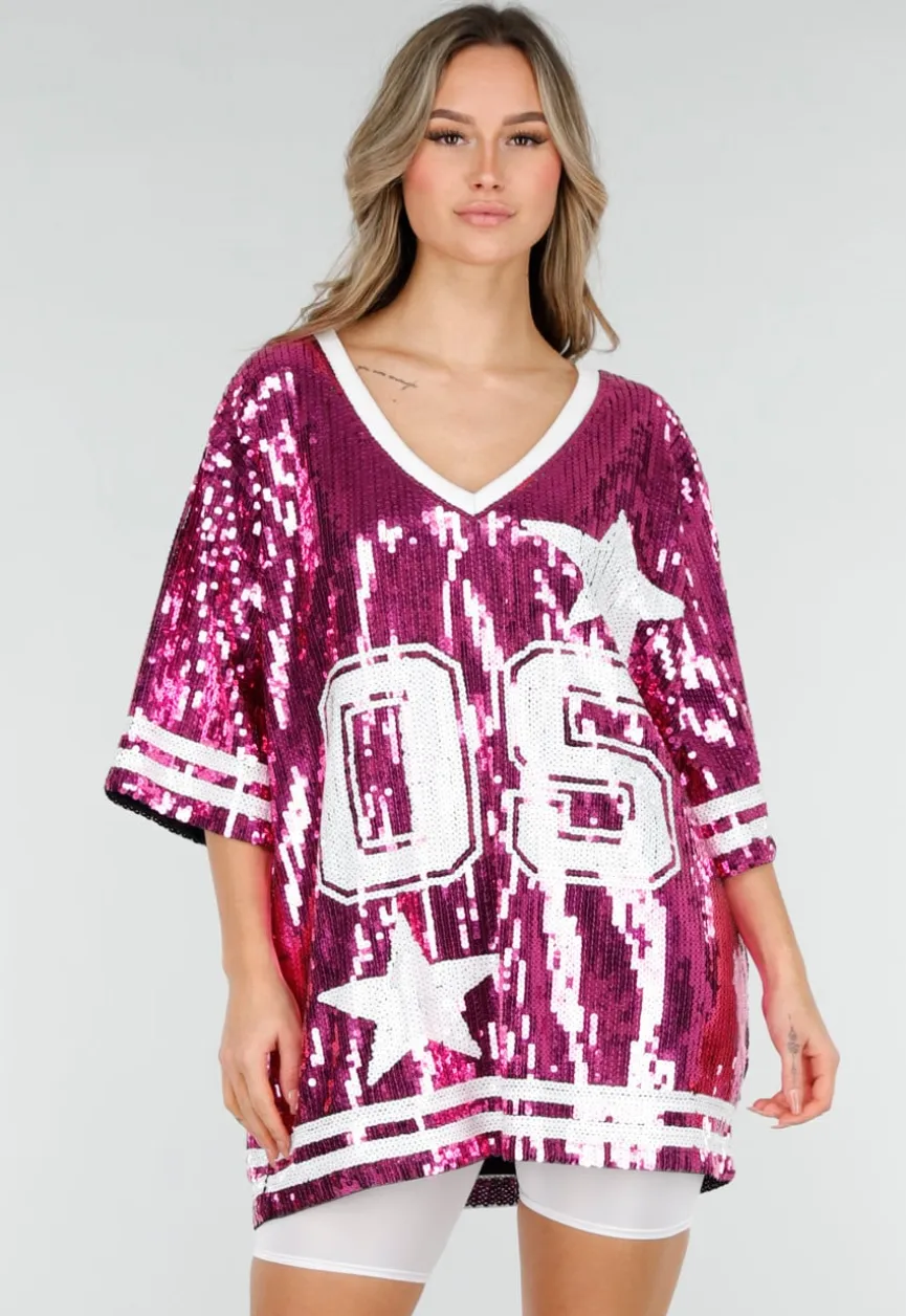 Roze Oversized Pailletten Jersey Top met V Hals