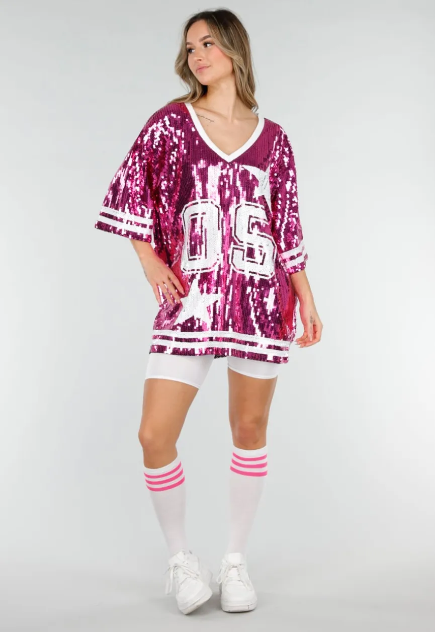 Roze Oversized Pailletten Jersey Top met V Hals