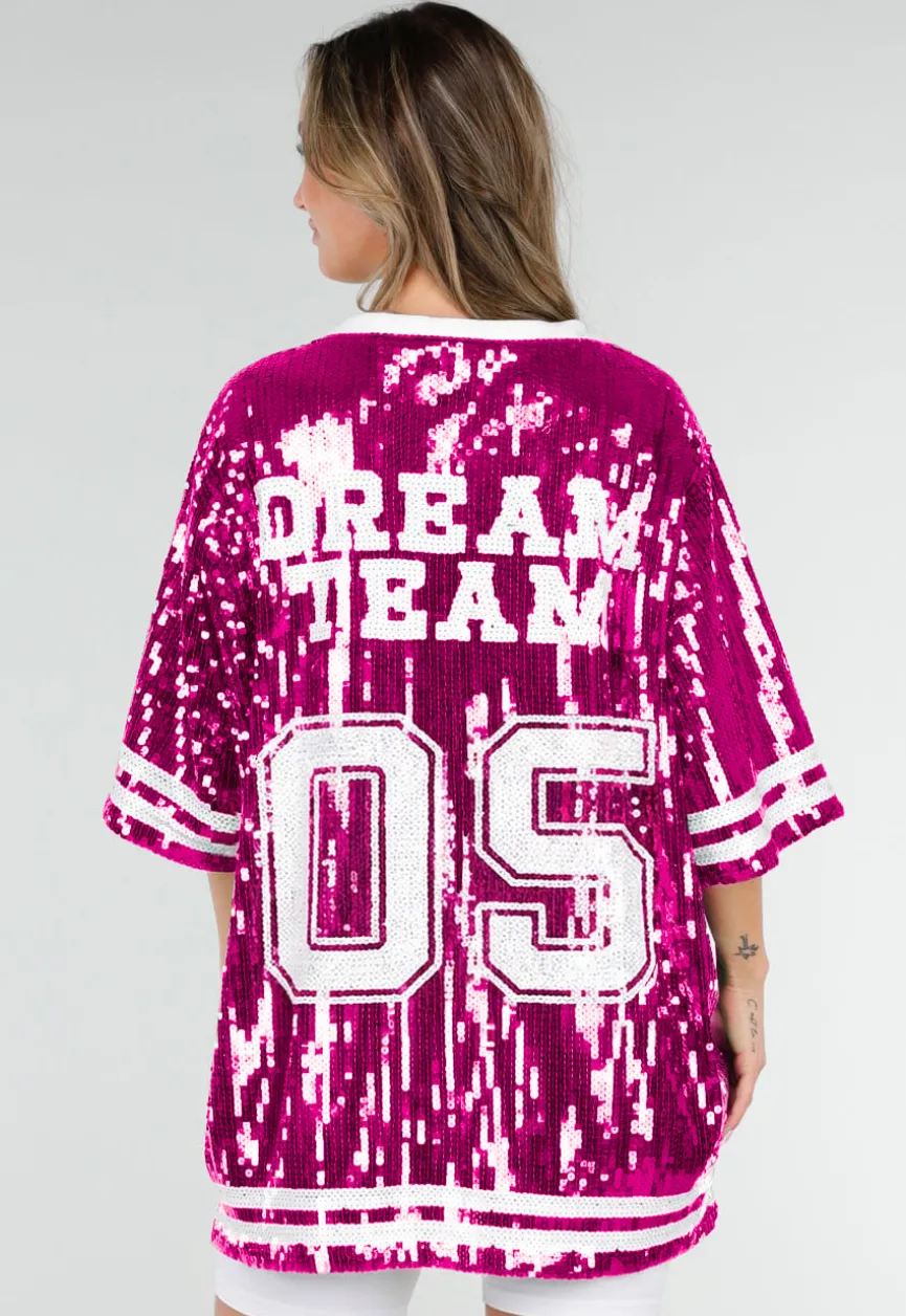 Roze Oversized Pailletten Jersey Top met V Hals