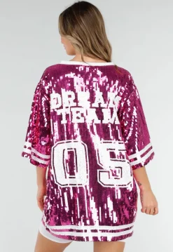 Roze Oversized Pailletten Jersey Top met V Hals