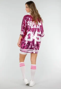 Roze Oversized Pailletten Jersey Top met V Hals
