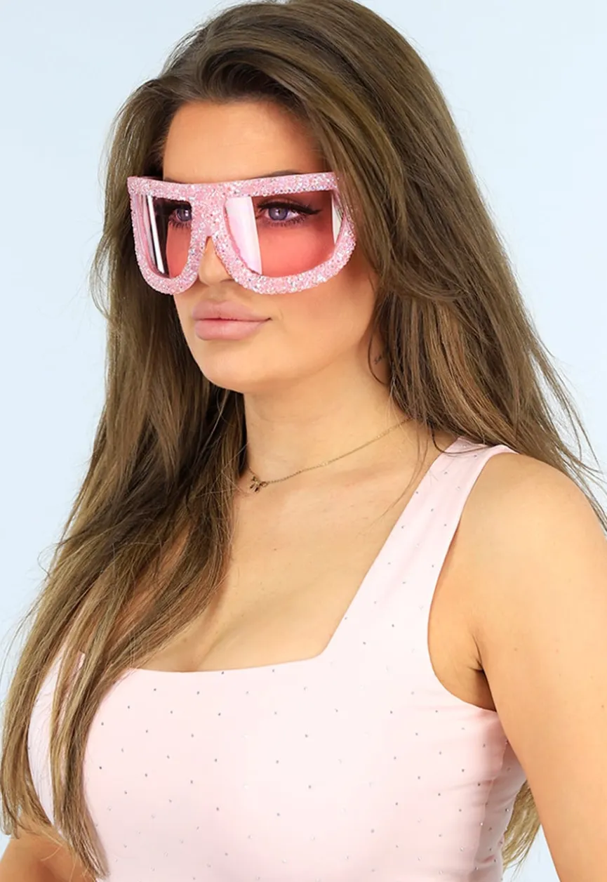 Roze Oversized Skibril Festival Zonnebril met Glitters