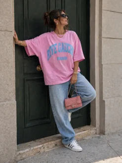 Roze Oversized T-Shirt met Blauwe Tekstprint