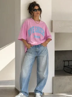 Roze Oversized T-Shirt met Blauwe Tekstprint