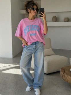 Roze Oversized T-Shirt met Blauwe Tekstprint