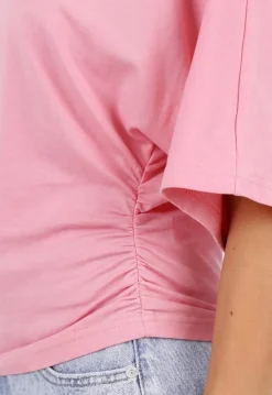 Roze Oversized T-Shirt met Halflange Mouwen en Geplooid Detail