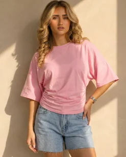 Roze Oversized T-Shirt met Halflange Mouwen en Geplooid Detail