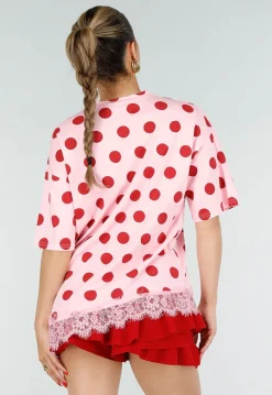 Roze Oversized T-Shirt met Rode Stippen en Kanten Zoom