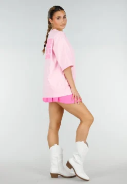 Roze Oversized T-shirt met Tekstprint en Korte Mouwen