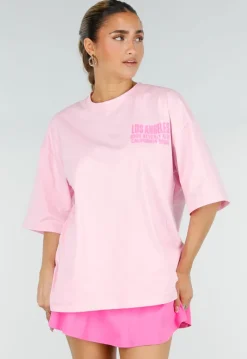 Roze Oversized T-shirt met Tekstprint en Korte Mouwen