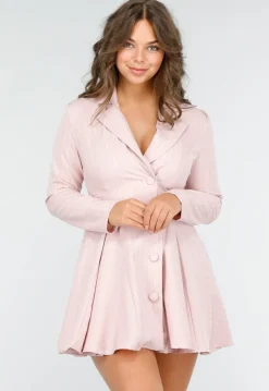 Roze Pinstripe Blazerjurk met Lange Mouwen, Kraag en Knoopsluiting